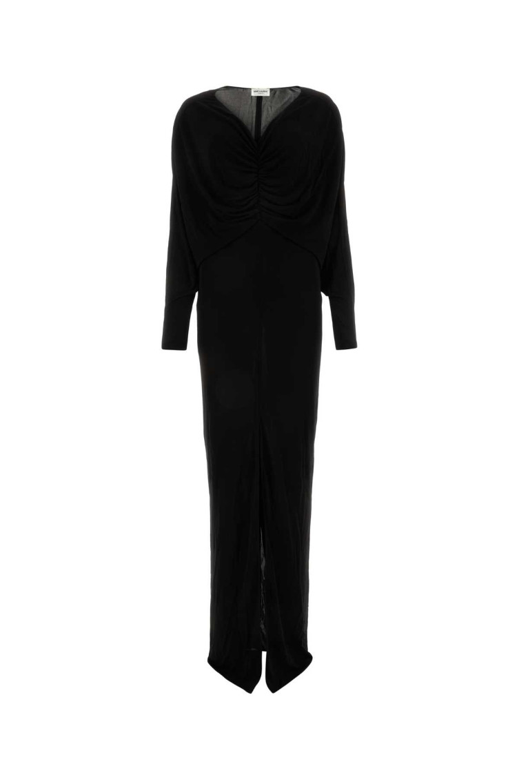 Saint Laurent Viscose Long Dress With Velvet Texture In Black