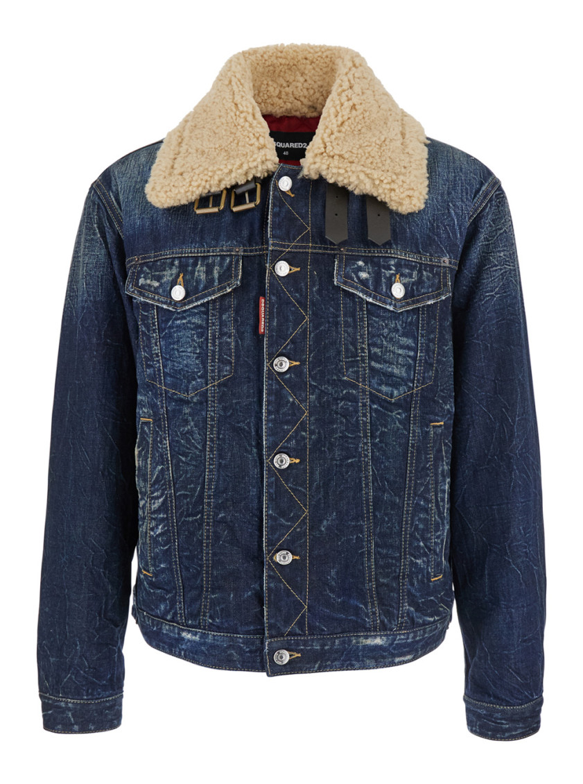 Dsquared2 Denim Aviator Jacket With Shearling Collar And Distressed Finish In Blue