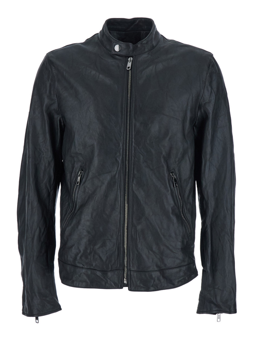 Dolce & Gabbana Black Crewneck Jacket With Two Front Welt Pockets With Zip In Leather Man In Black