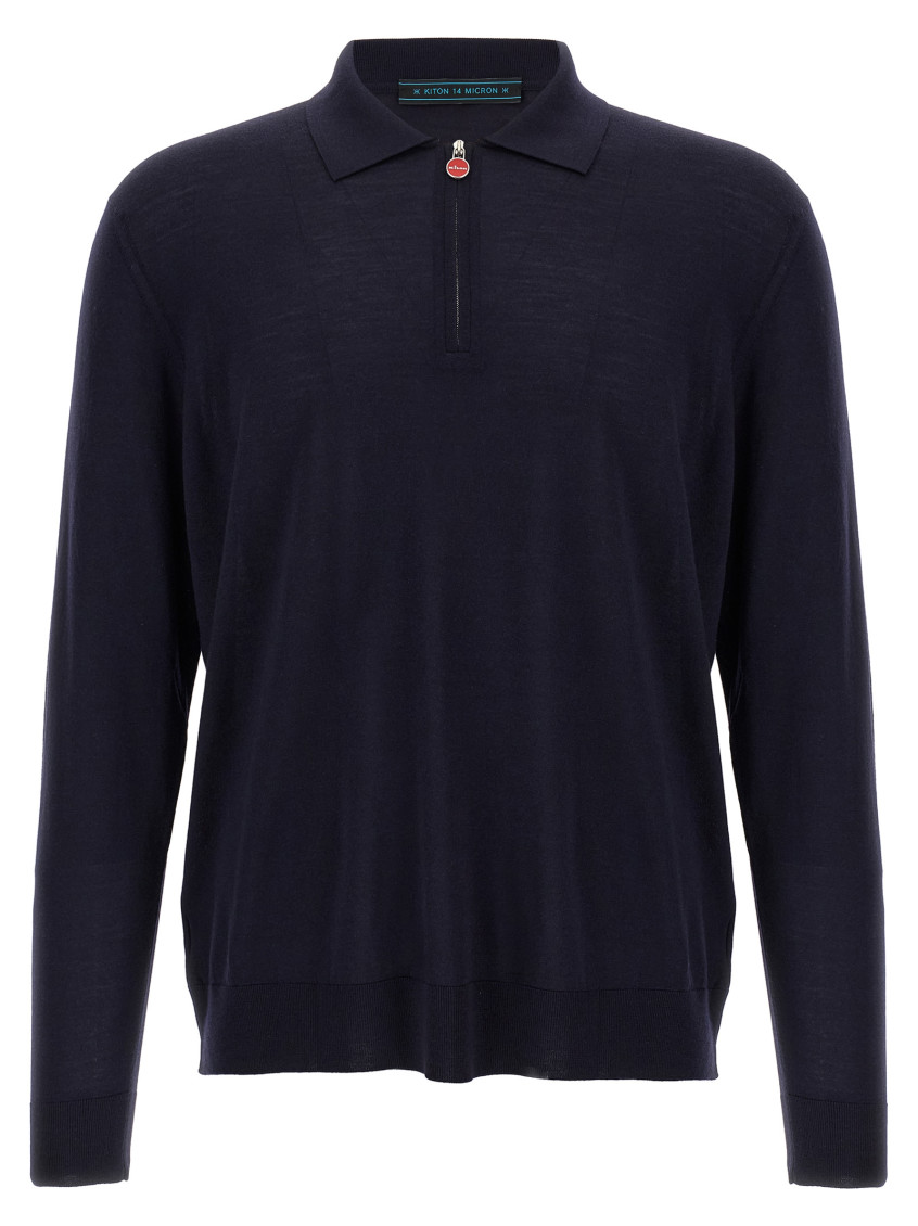 Kiton Wool Knit Polo Shirt With Classic Collar And Half-zip Closure In Blue