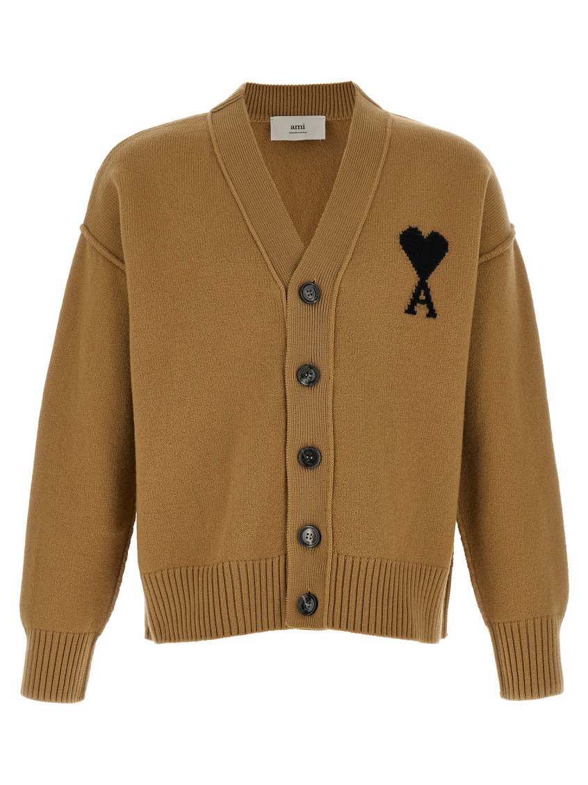 Ami Alexandre Mattiussi Ami Felted Merino Wool Cardigan With Inlaid Heart Motif In Brown