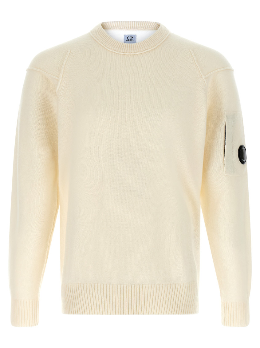 C.p. Company Men White Crewneck Sweater With Logo Plaque On The Sleeve In Wool Blend Man In Neutral