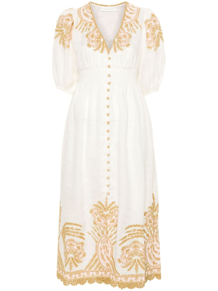 Shop Zimmermann Beige Embroidered Linen Midi Dress