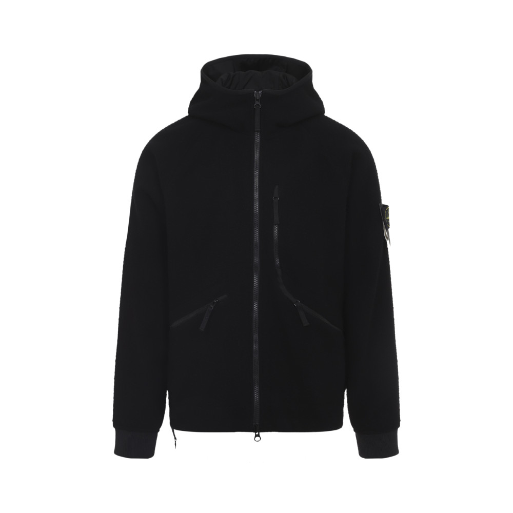 Stone Island Textured Wool Blend Jacket With Hood In Black