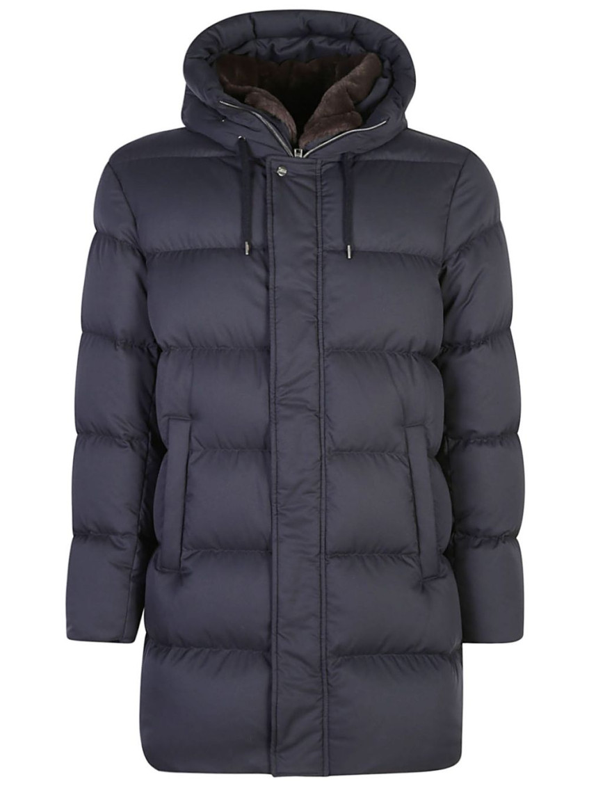 Herno Zip-up Hooded Drawstring Puffer Coat In Blue
