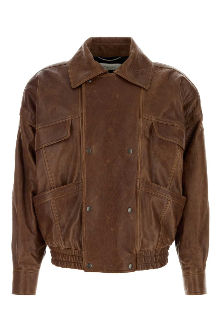 Saint Laurent Leather Jacket With Collared Design And Pockets In Brown