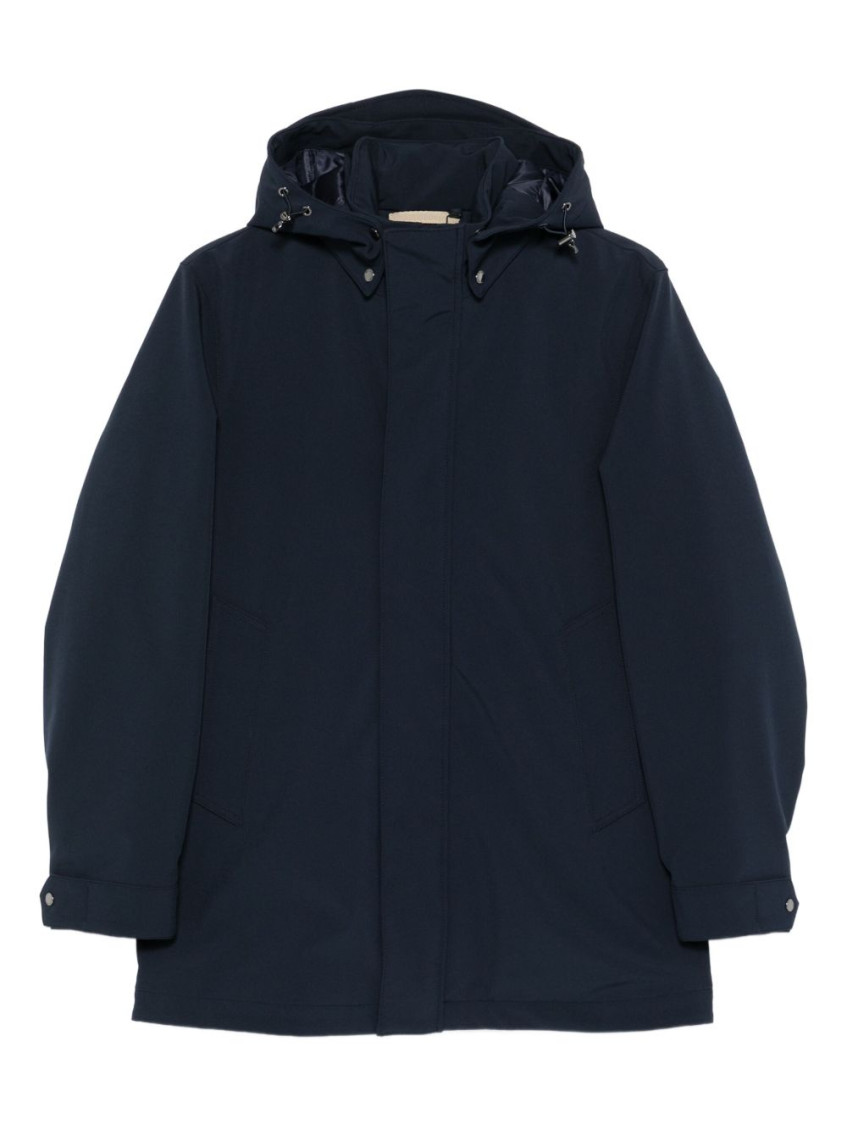Woolrich Navy Blue Hooded Jacket With Concealed Fastening In Blue