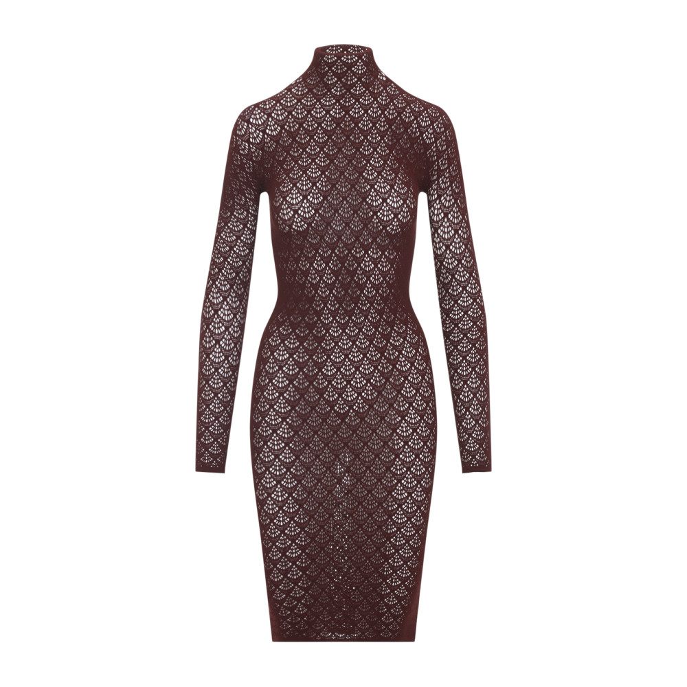 Wolford High-neck Lace Midi Dress With Scallop Detail And Fitted Silhouette In Gray