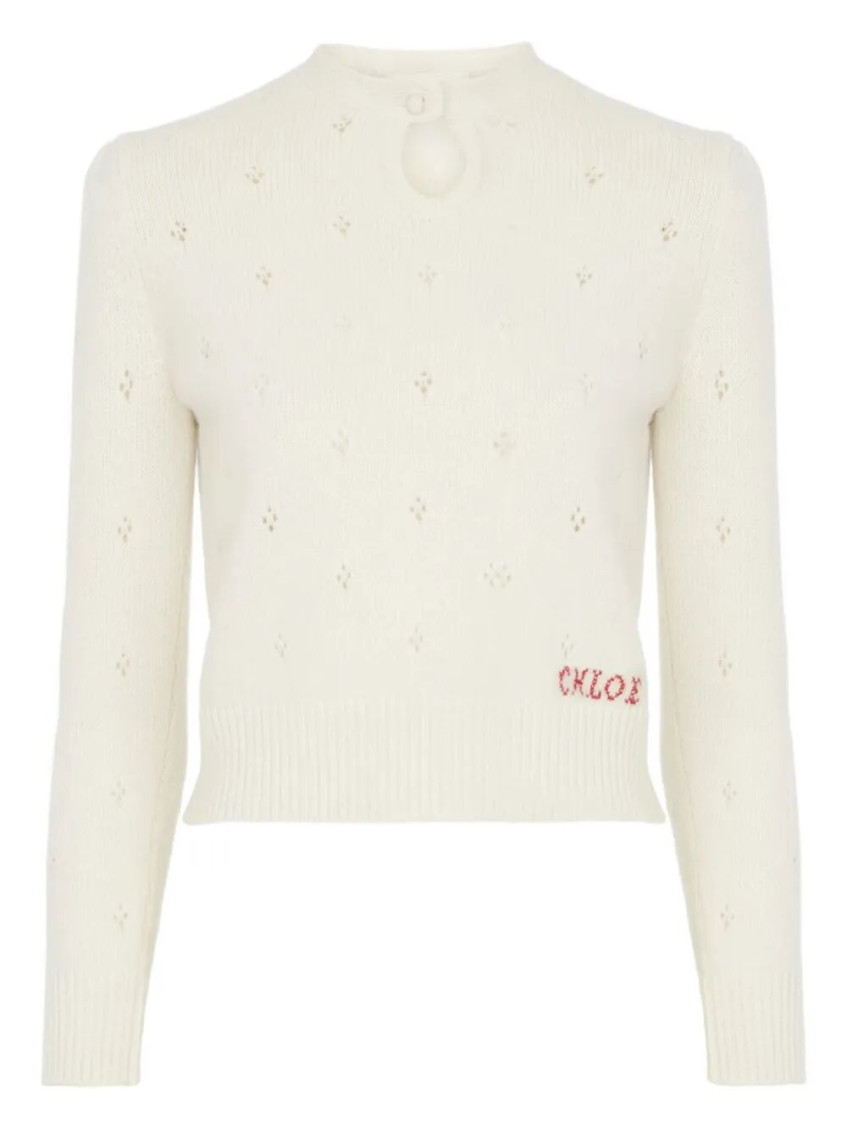 Chloé Wool And Cashmere Fitted Sweater With An Openwork Motif Clothing In Neutral