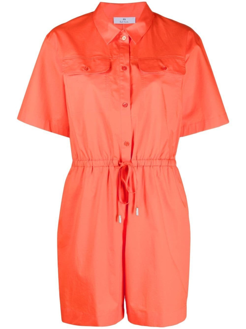 Paul Smith Short Sleeve Cotton Playsuit With Drawstring Waist In Orange