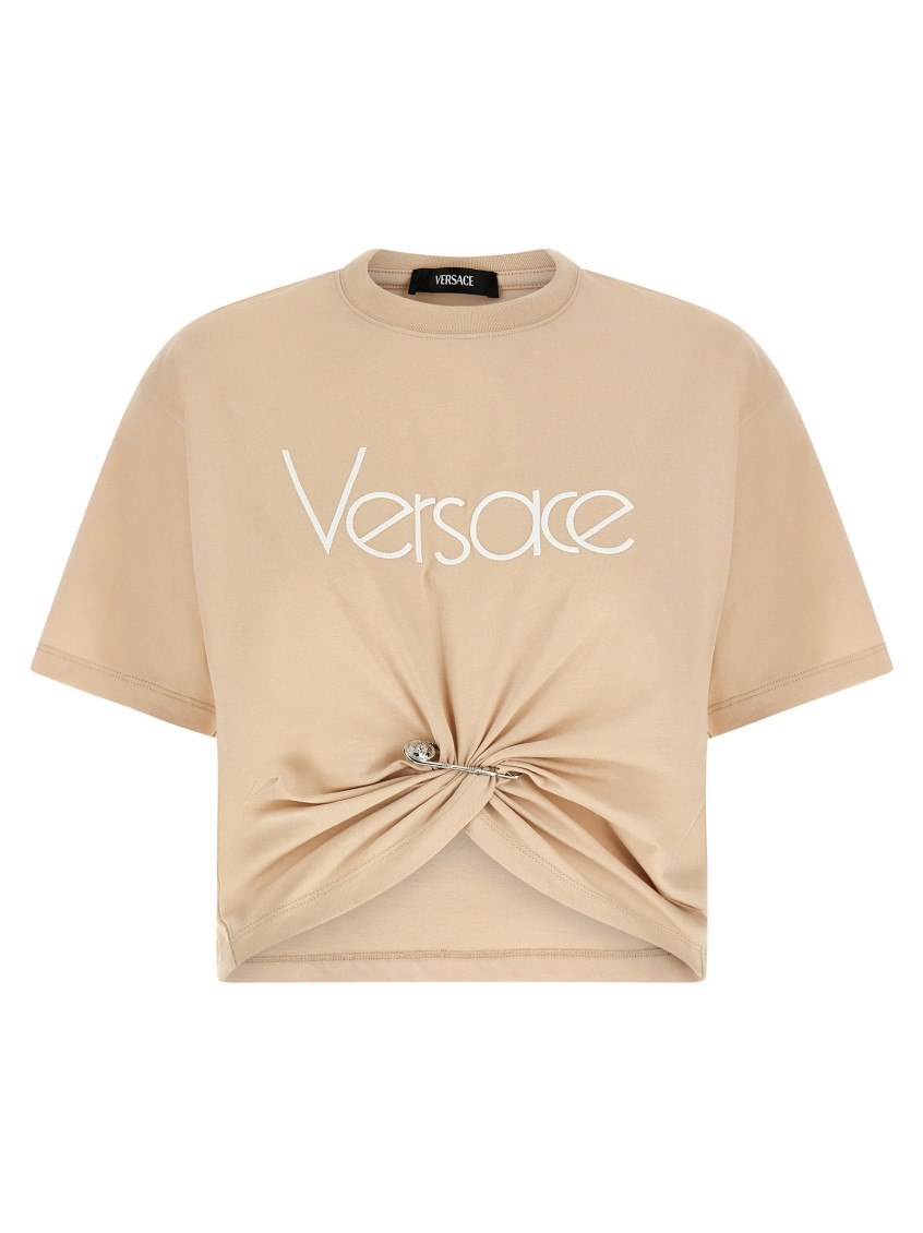 Versace Embroidered Logo T-shirt With Safety Pin Detail In White