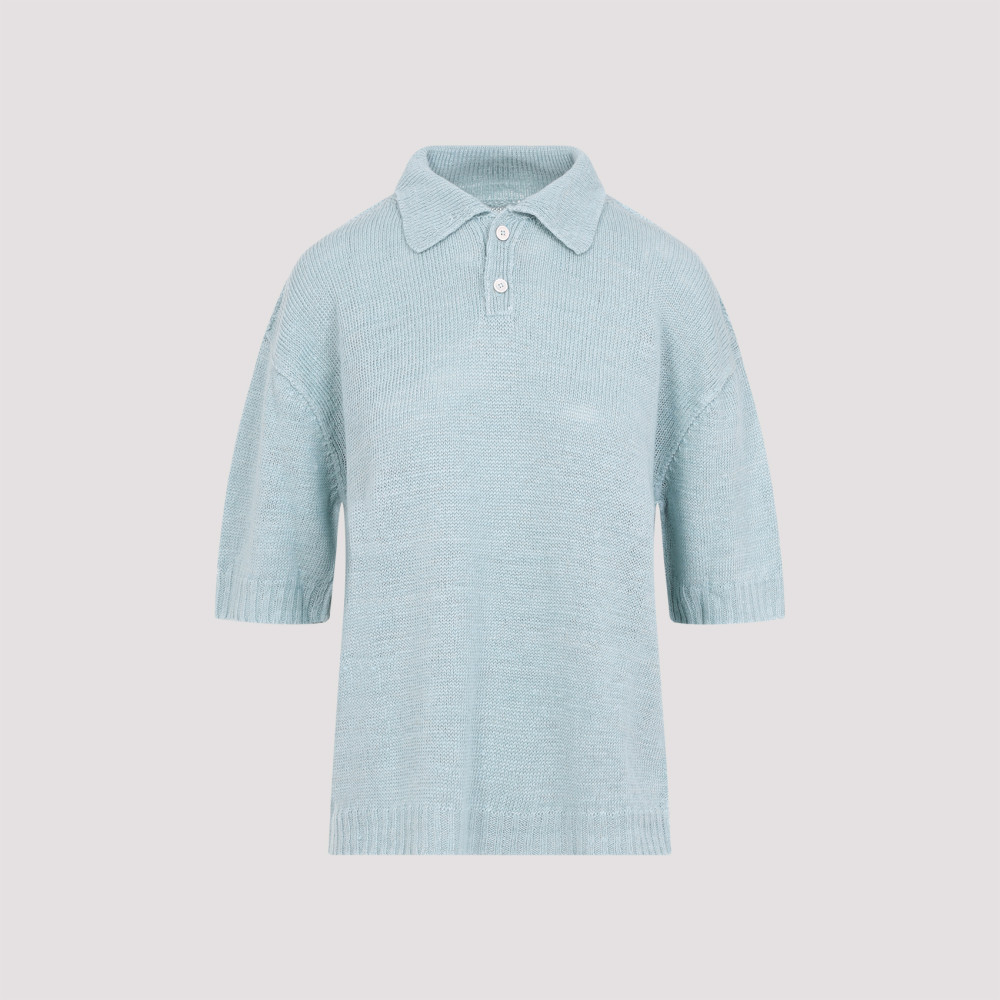 Maison Margiela Short-sleeved Knitted Polo Top In Light Blue
