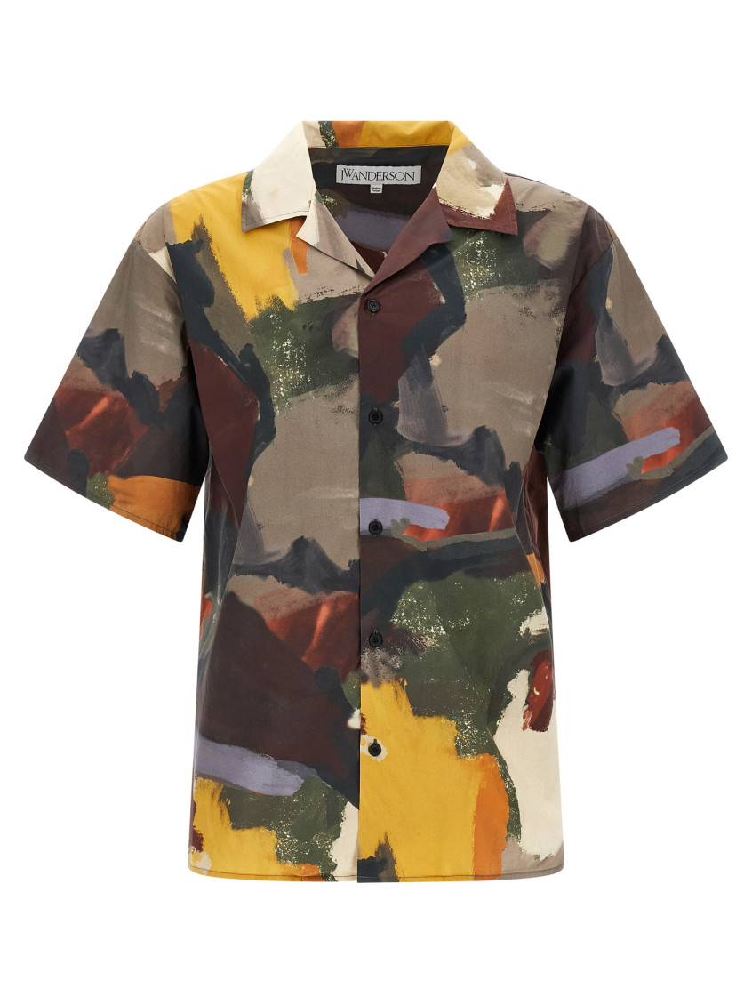 Jw Anderson J. W. Anderson Wide V-neck Short Sleeve Shirt With Abstract Print In Multicolor
