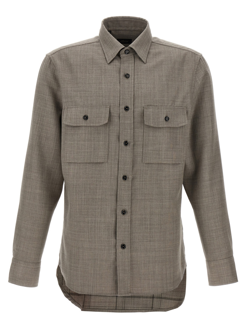 Brioni Military Style Shirt With Pockets And Long Sleeves In Taupe