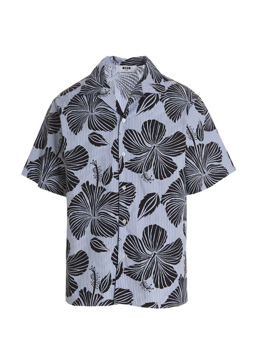 Msgm Hibiscus Print Abowling Shirt In Blue
