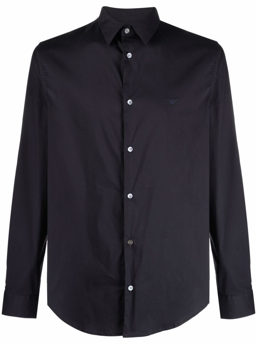 Emporio Armani Cotton Shirt With Button-down Collar And Curved Hem In Blue
