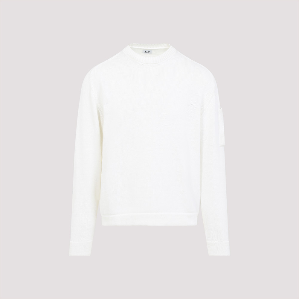 C.p. Company Crew Neck Sweater With Textured Finish And Logo Patch In White