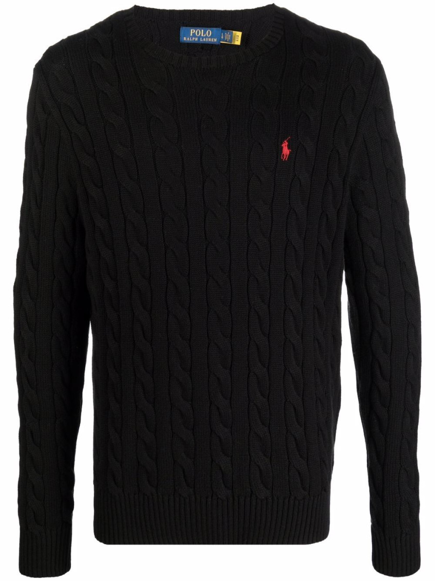 Polo Ralph Lauren Cable Knit Sweater With Ribbed Finish In Black