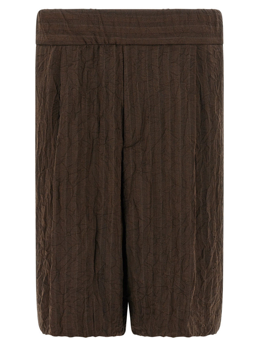 Dries Van Noten Crinkled Knee Length Pleated Bermuda Shorts In Brown