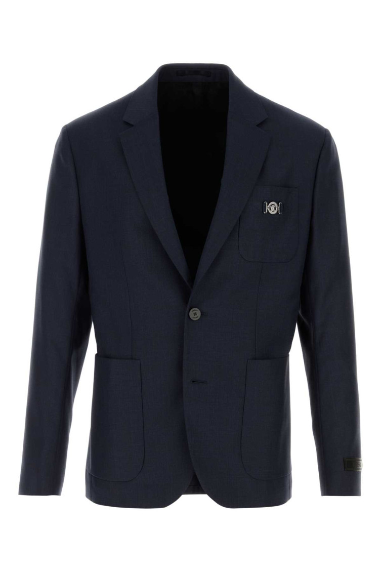 Versace Wool Blazer With Buttoned Cuffs And Pockets In Blue