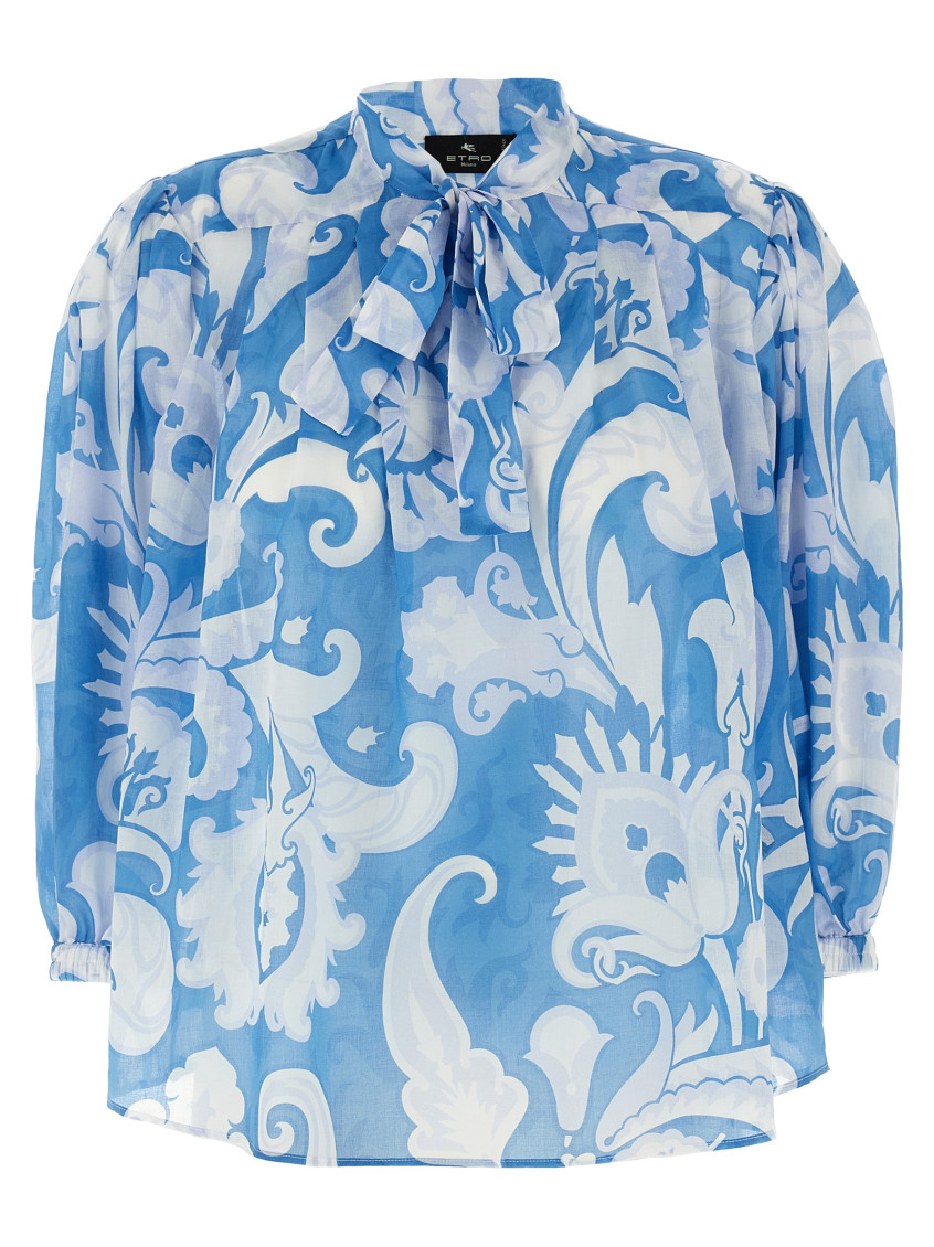Etro Loose-fit Cotton Shirt With V-neck And Floral Pattern In Light Blue