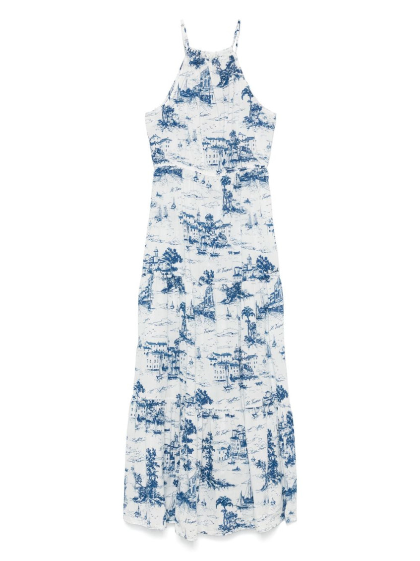 Mc2 Saint Barth Halterneck Maxi Dress With Scenic Blue And White Print In Multi