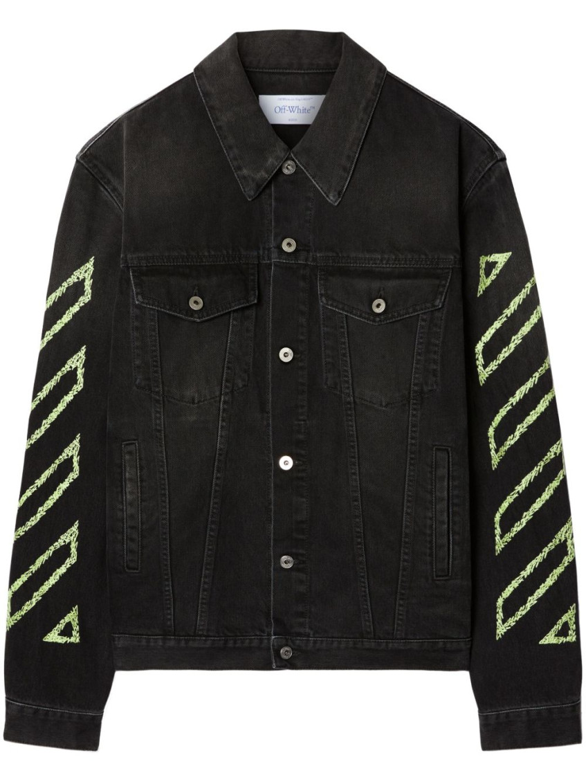Off-white Diagonal Arrow Outline Embroidered Denim Skate Jacket In Black