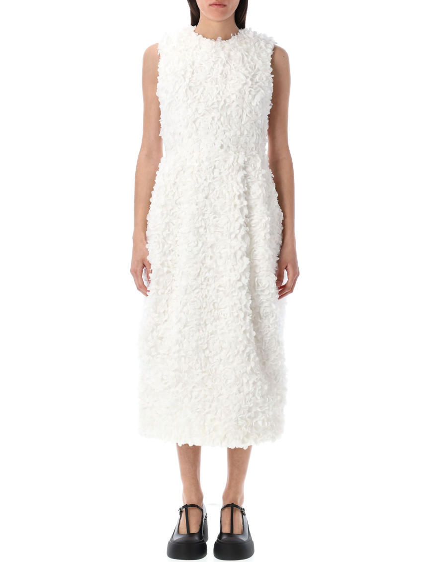 Comme Des Garçons White Tulle Flower Tape Embroidery Midi Dress In White