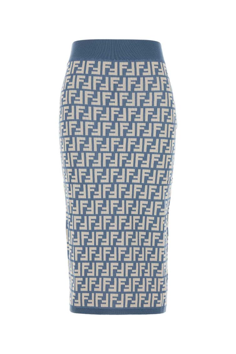 Fendi High-waisted Knit Knee-length Skirt With All-over Pattern In Blue