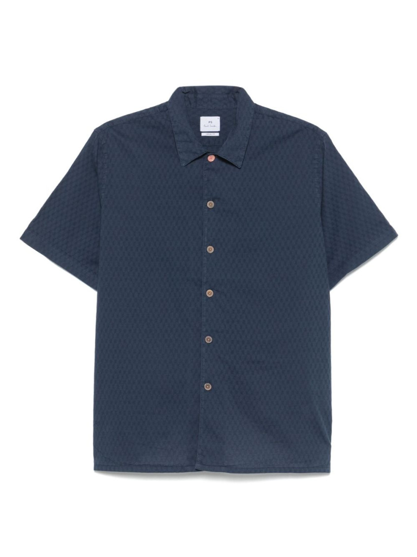 Paul Smith Collared Shirt With Textured Fabric And Side Slits In Navy Blue
