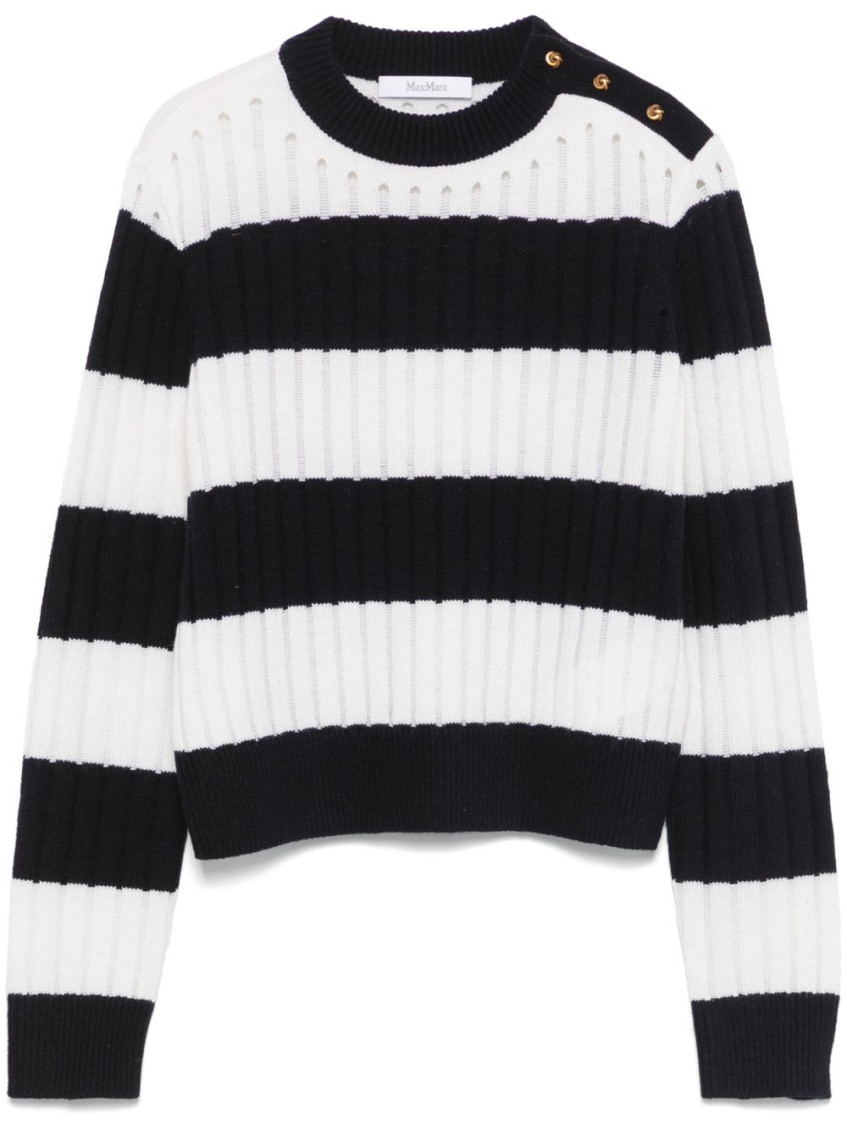 Max Mara Striped Crop Sweater In Wool And Cashmere In Navy Blue