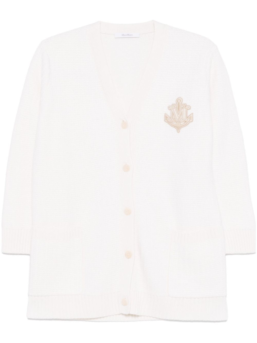 Max Mara Ravello Cardigan With Deep V-neck And Embroidered Emblem In White