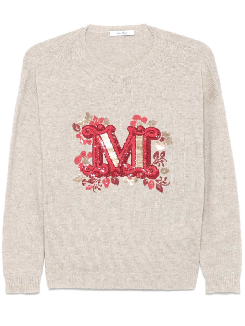 Max Mara Monogram Wool-blend Crewneck Sweater In Beige