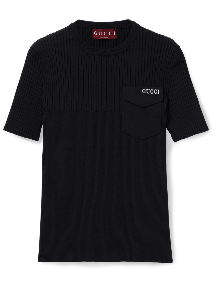 Gucci Ribbed-knit Breast-pocket Top In Black