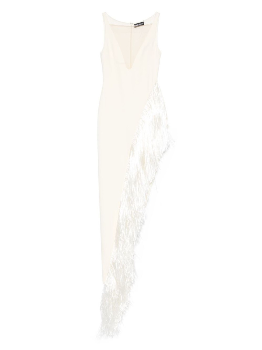 David Koma Raffia-fringe Asymmetric-hem Gown In White