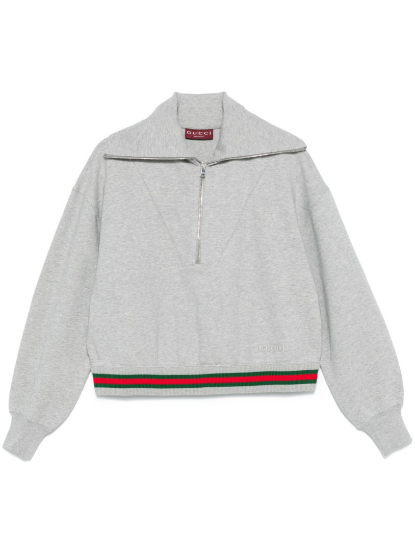 Gucci Grey Sweatshirt With Half Zip Closure And Web Detail On The Waist In Jersey Woman In Grey