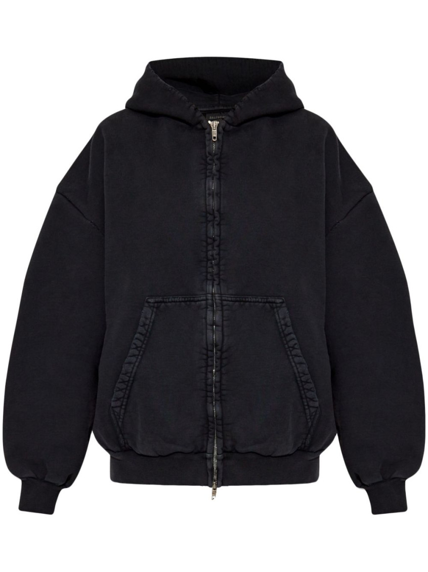 Balenciaga Washed Black Flipped Uni Regular Fit Zip Hoodie In Black
