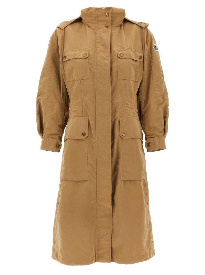 Moncler Drawstring Parka With Epaulettes And Hood In Beige