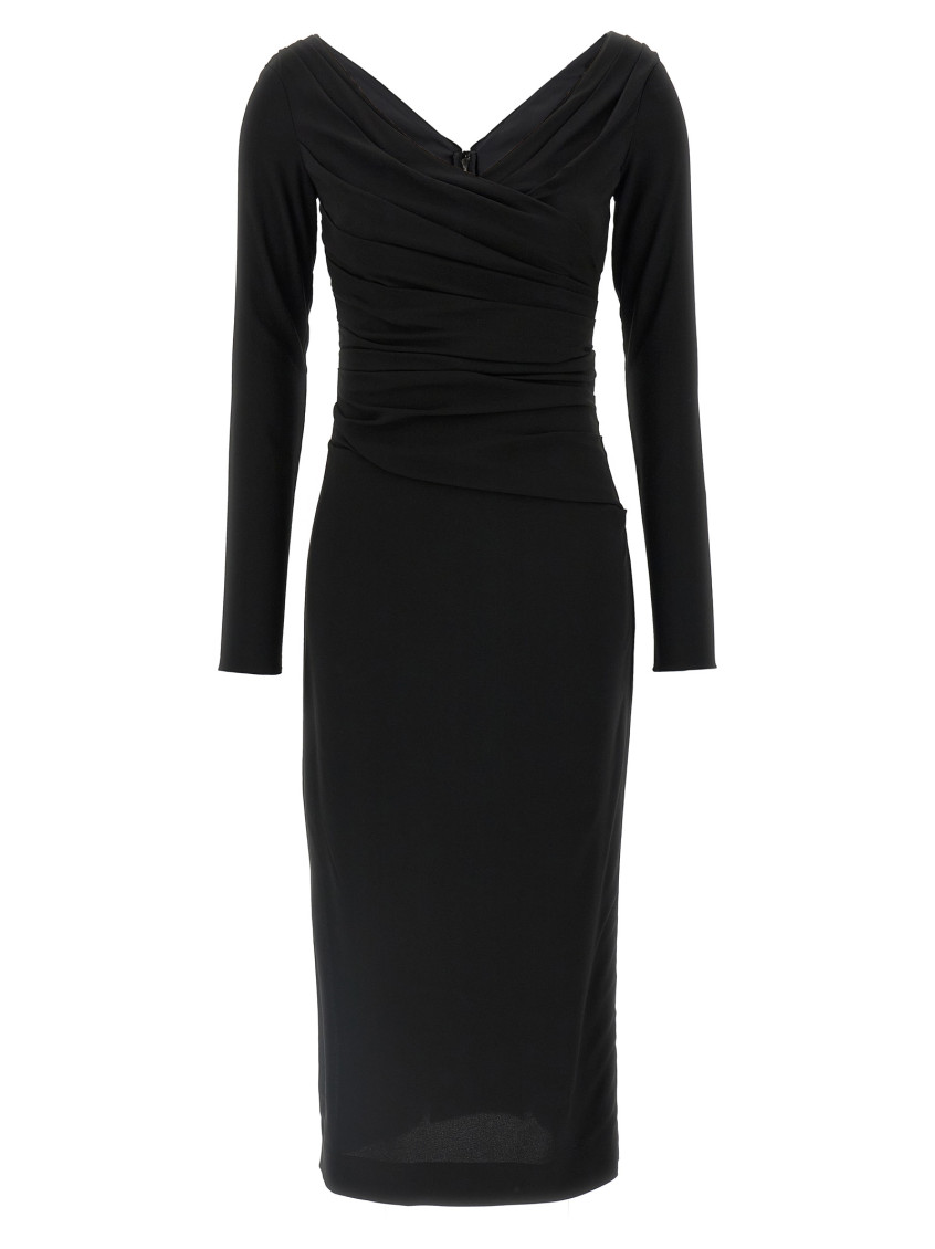 Dolce & Gabbana Draped V-neckline Midi Length Dress In Black