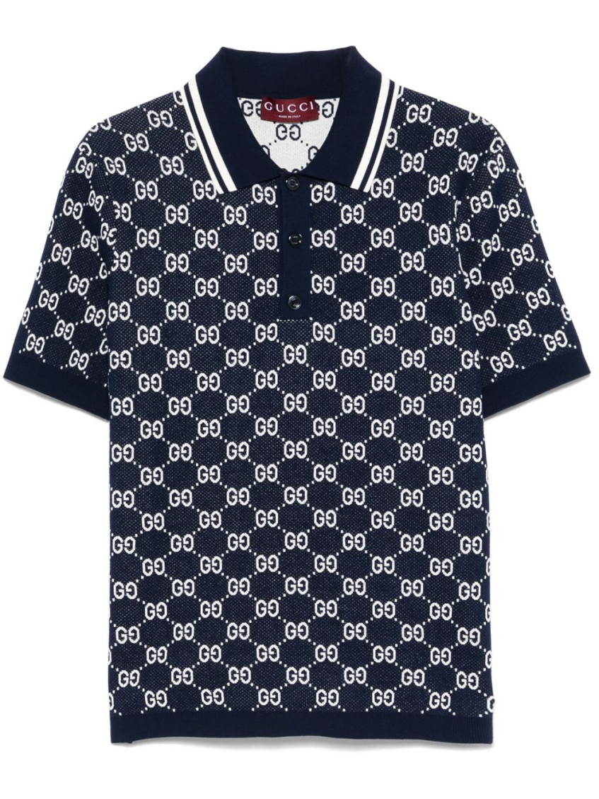 Gucci Men Blue Gg Jacquard Cotton Knit Polo Shirt In Navy Blue