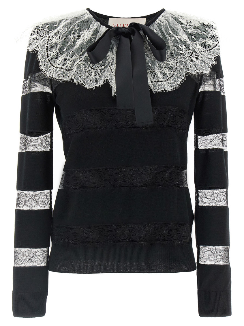 Valentino Bow-embellished Striped Lace-trimmed Wool Sweater In Blackwhite