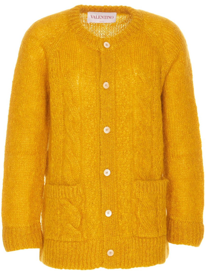 Valentino Mens Patch-pocket Mohair-blend Cable Knit Cardigan Ocra