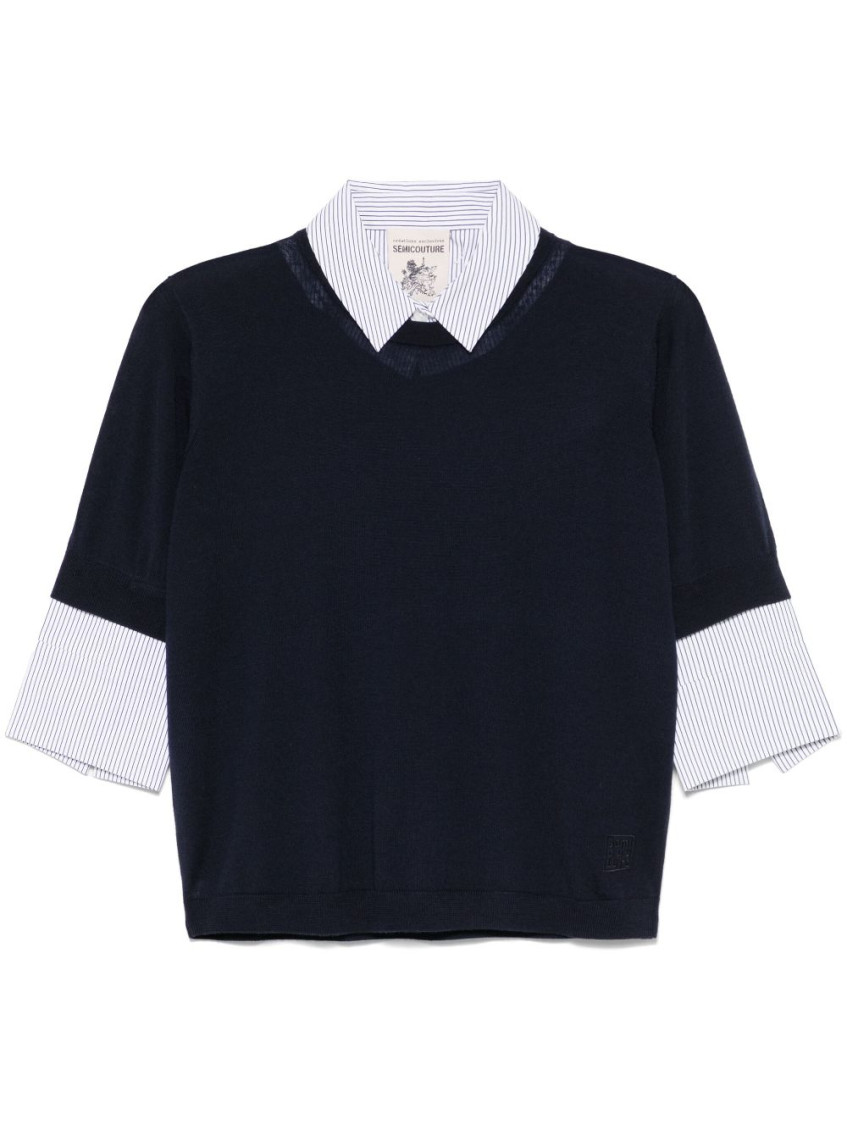 Shop Semicouture Navy Blue Virgin Wool Top
