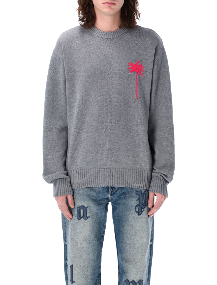 PALM ANGELS GREY ROUNDNECK PRINTED SWEATER 