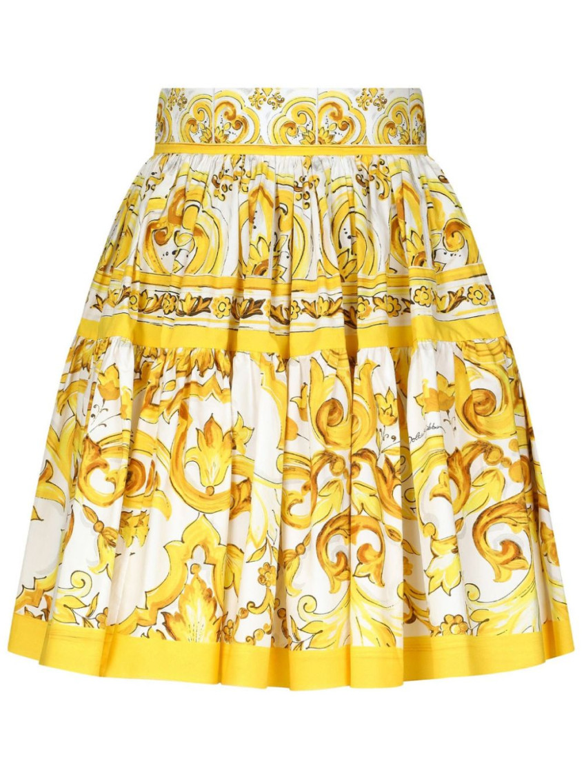 Shop Dolce & Gabbana Yellow Maiolica Print Cotton Skirt