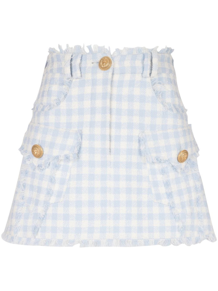 Balmain Button-embellished Frayed Gingham Cotton-blend Tweed Mini Skirt In White