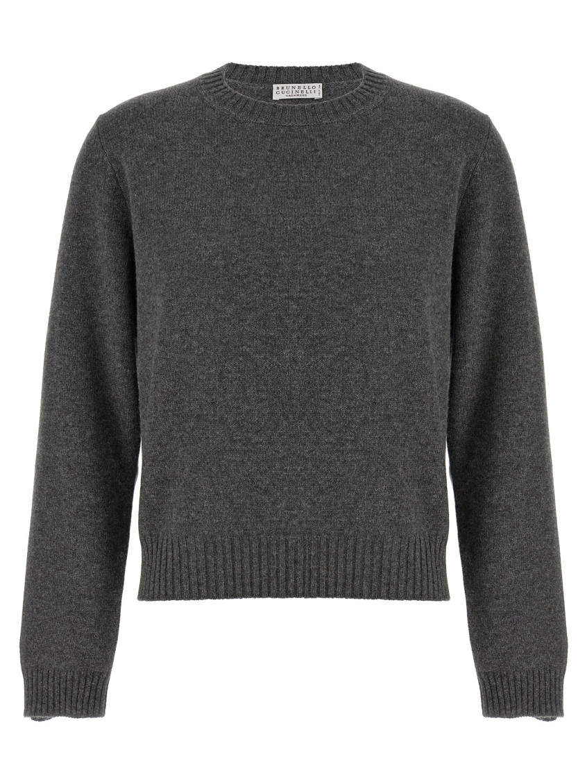 Brunello Cucinelli Cashmere Crewneck Knit Sweater With Ribbed Finish In Dark Grey
