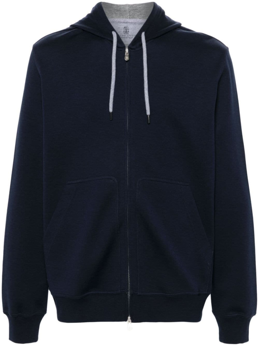 Brunello Cucinelli Techno Cotton Interlock Zip-front Hooded Sweatshirt In Navy Blue