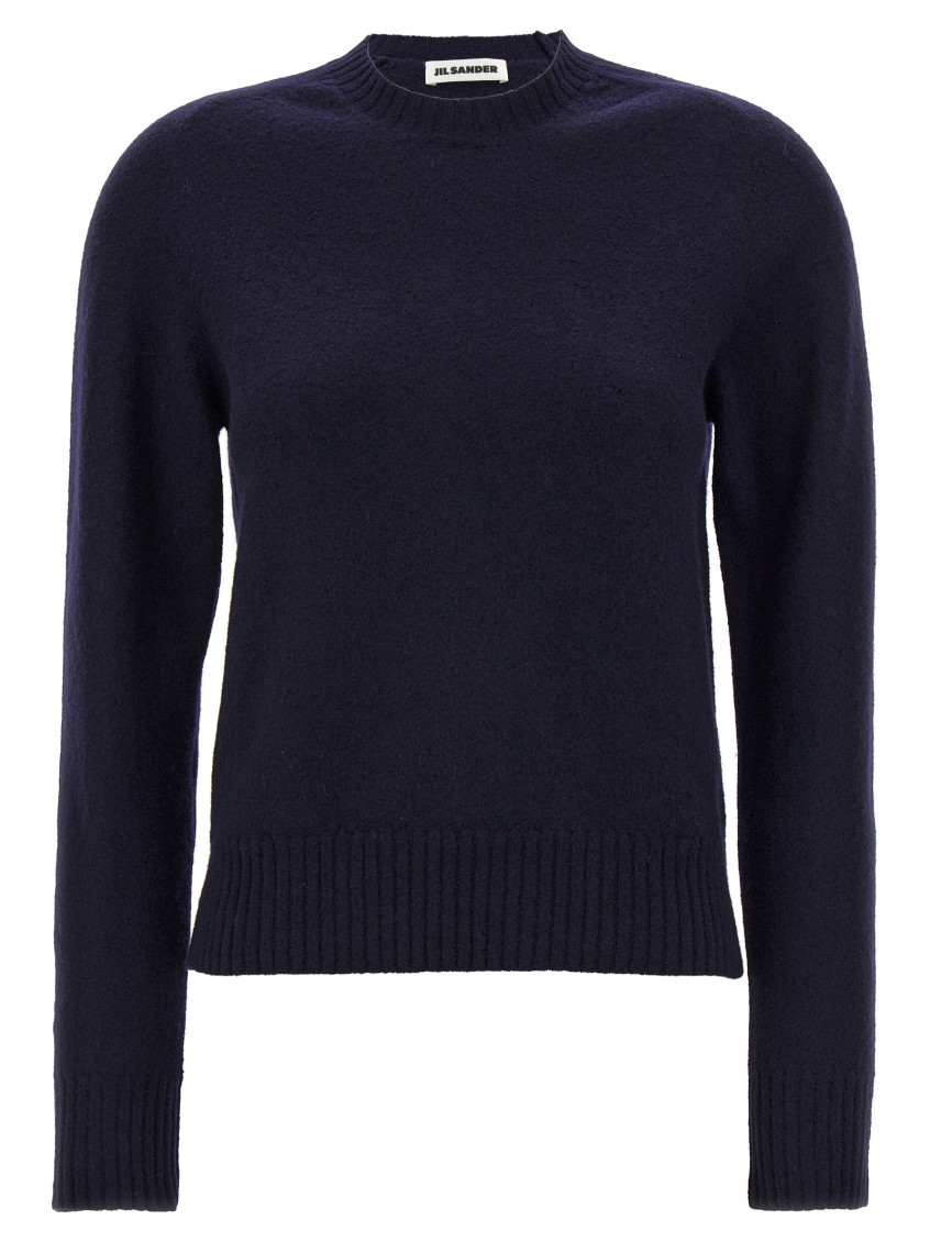 Jil Sander Crewneck Wool Sweater With Cuffed Sleeves In Navy Blue