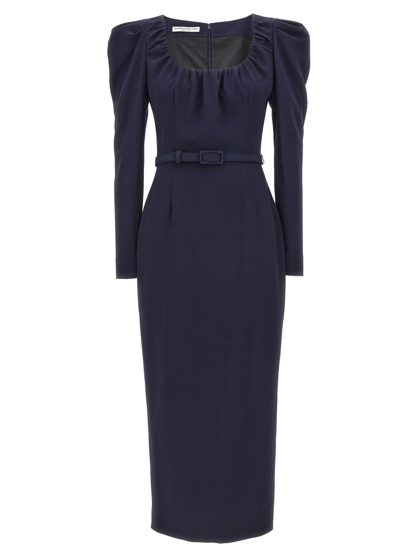 Alessandra Rich Crepe Dress With Belt And Shoulder Pads In Blue